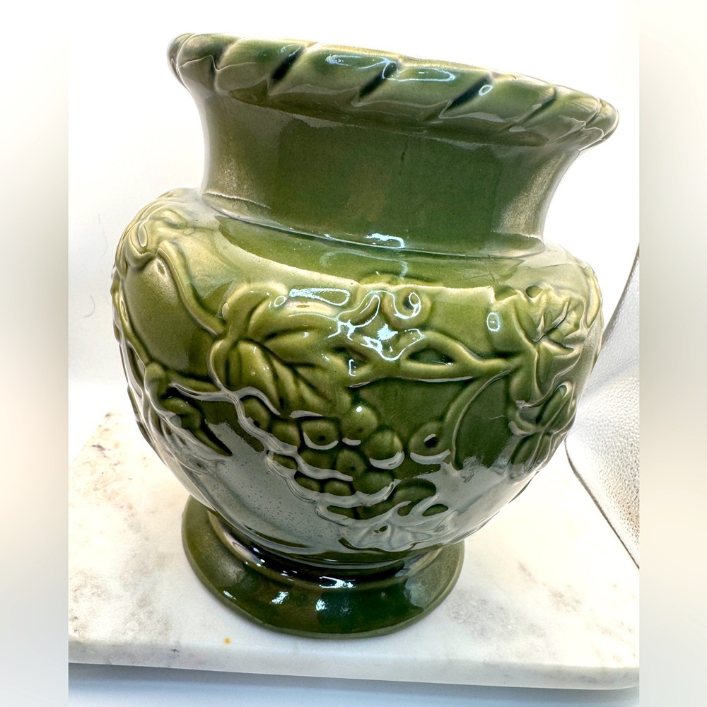 SOLD Vintage 1930’s Hosley Pottery Vase Green Grape Vine Large 8 1/2" tall x 8"